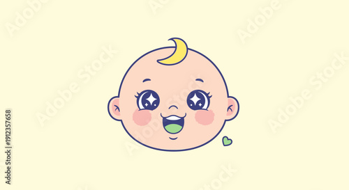 Cartoon Baby Face with Crescent Moon.