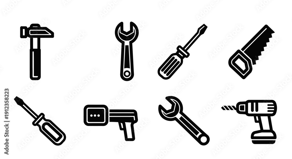 Fototapeta premium Construction tool icon collection. Instrument icons set. Carpentry work tools sign. Repair and building equipment symbol. Black silhouette. Vector illustration isolated.