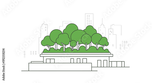 Green trees on a rooftop garden.