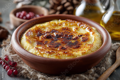 Traditional Turkish sütlaç rice pudding, golden caramelized top, served in clay bowl, rustic background