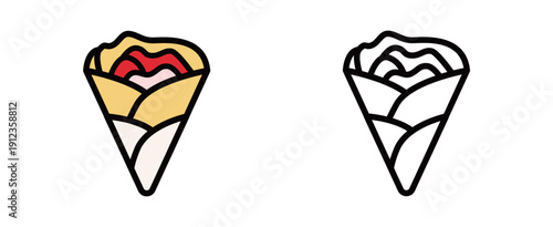 具材を包んだ円錐形のデザート・クレープのベクター画像 | 食べ歩きやカフェメニューに適した線画とカラー
