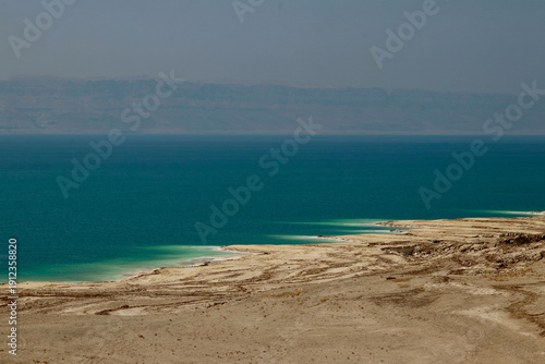 Aerial view of the Jordan coastline of the Dead Sea, Jordan.