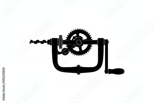 Vintage Drill Illustration: A detailed silhouette of a vintage drill, highlighting the intricate mechanics and the enduring craftsmanship of the tool.