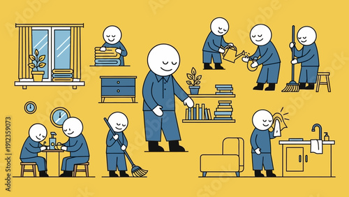 People performing various household chores and cleaning tasks.