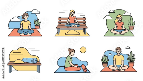 People practicing meditation and yoga in various settings.
