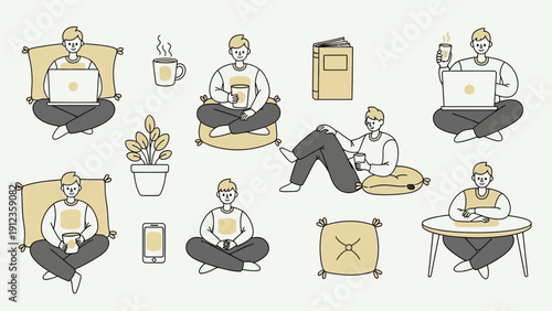 People working and relaxing with laptops and books.