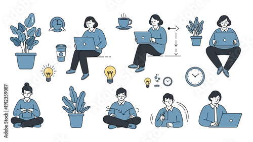 People working remotely on laptops with plants and office items.