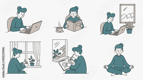 Person engaged in various activities including working on laptop reading and meditating.