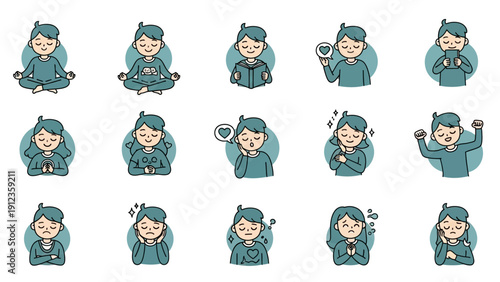 Set of cartoon girl stickers showing various emotions and actions.