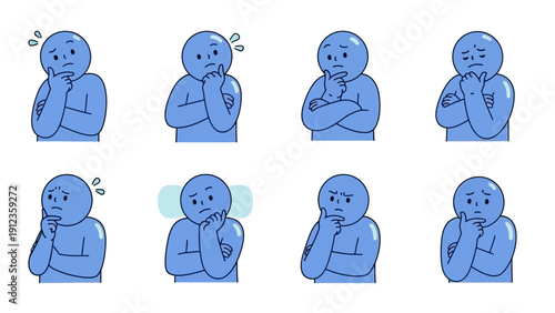 Set of eight blue cartoon characters with various thoughtful and confused expressions.