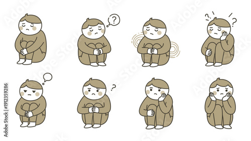 Set of eight cartoon characters expressing various emotions and thoughts.