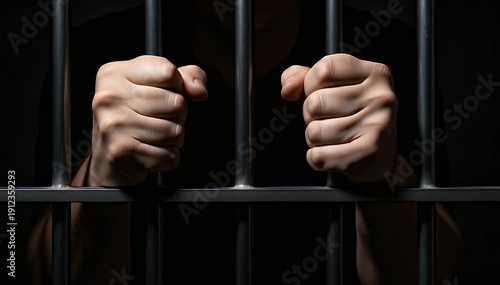 Two tightly clenched human fists gripping the cold metal vertical and horizontal bars of a dark prison cell illustrating confinement and judicial consequence.