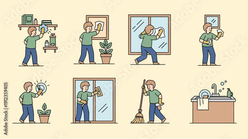 Set of illustrations depicting a person engaged in various household chores and cleaning activities.