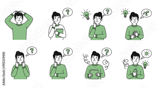 Set of illustrations depicting a man thinking and solving problems.