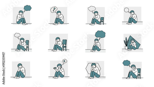 Set of illustrations depicting a person experiencing various forms of mental distress and anxiety.
