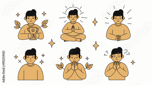 Set of illustrations depicting a person in various mindful and positive states.