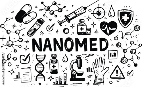 Hand-drawn vector doodle illustration for Nanomedicine with pills, syringe, DNA, microscope, and chemical structures, isolated on transparent background.