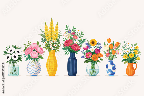 Seven vibrant vector bouquets featuring various flowers like pink peonies, yellow lupines, orange tulips, and sunflowers in clear glass and ceramic vases, isolated on a transparent background.
