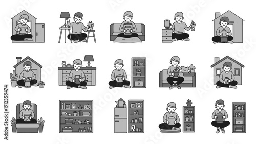 Set of illustrations depicting people engaged in various indoor activities.