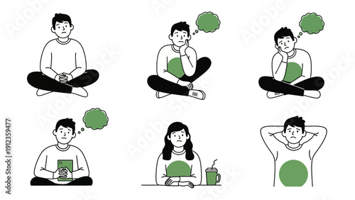 Set of illustrations depicting people in various thoughtful and relaxed poses.