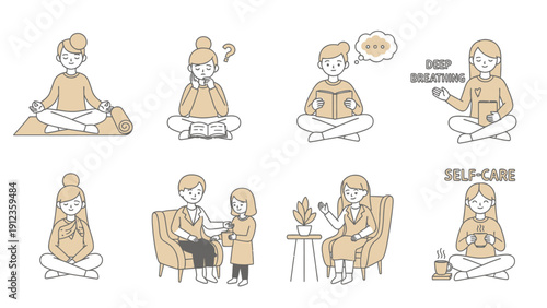 Set of illustrations depicting self-care activities and mental well-being practices.