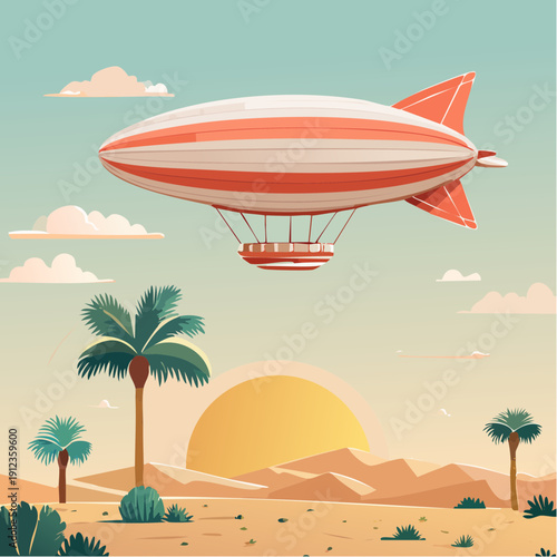 Dirigeable rouge et blanc au‑dessus d’un paysage tropical au coucher du soleil — illustration vectorielle