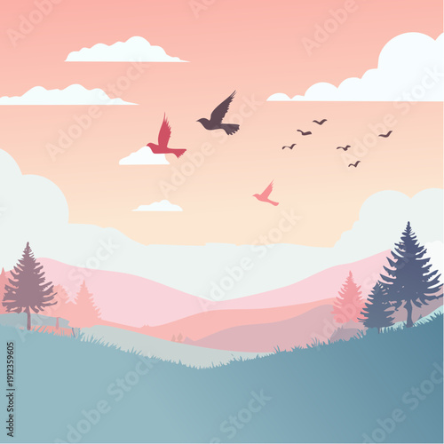Paysage au lever de soleil avec montagnes et oiseaux – illustration vectorielle atmosphérique