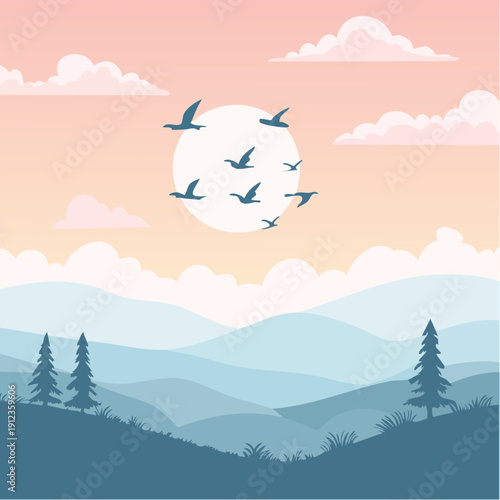 Paysage au lever de soleil avec montagnes et oiseaux – illustration vectorielle atmosphérique