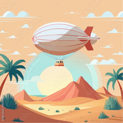 Dirigeable rouge et blanc au‑dessus d’un paysage tropical au coucher du soleil — illustration vectorielle