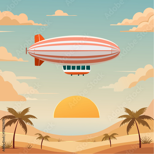 Dirigeable rouge et blanc au‑dessus d’un paysage tropical au coucher du soleil — illustration vectorielle