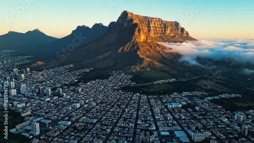 Table mountain sunset over cape town city center with aerial view of urban architecture and mountain landscape in south africa