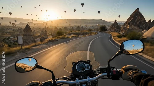 Scenic motorcycle ride through a desert landscape at sunset with rocky formations and open road.