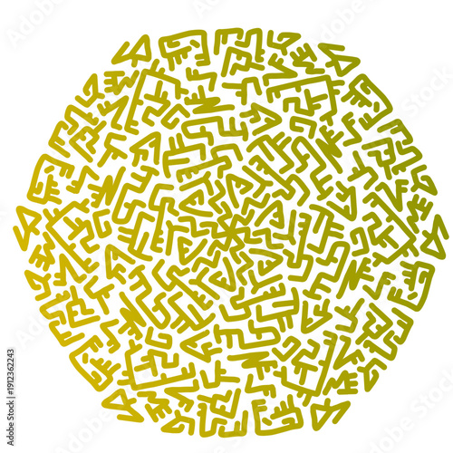 Yellow circular abstract pattern with hand-drawn tribal glyphs and symbols