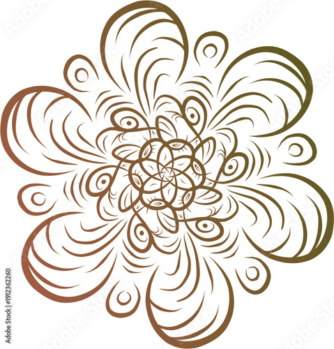 Golden bronze floral mandala with elegant sweeping curves and symmetrical radial ornaments for decorative design.