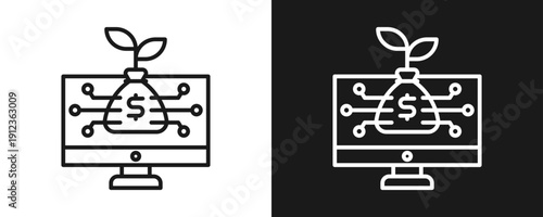 Digital Investment Icon Set Outline In White And Black Background