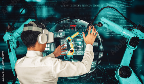Fotografía Engineer controls robotic arms by augmented reality industry technology application software