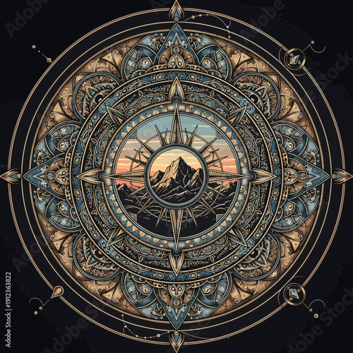 Intricate compass mandala with mountain landscape sunset