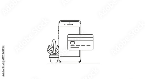 Online Payment Concept – Smartphone and Credit Card in Minimal Flat Monoline Vector
