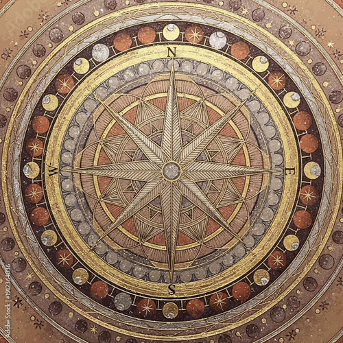 Ornate Compass Rose with Moon Phases and Celestial Elements