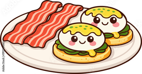 Two eggs benedict with bacon on the side, served on a plate. The eggs are topped with hollandaise sauce and placed on a bed of spinach, making for a delicious breakfast dish.