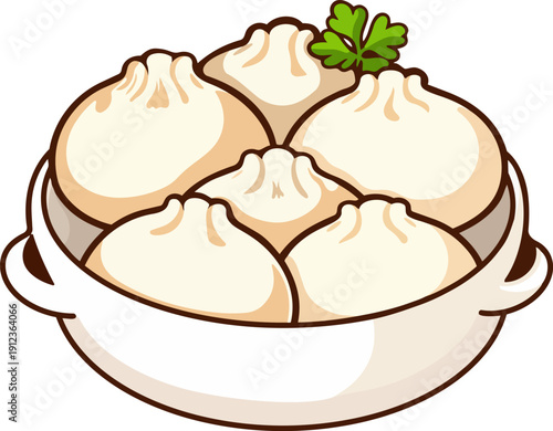A cute, cartoon-style illustration of a bowl filled with six khinkali dumplings. The dumplings are soft and fluffy, with a small green herb garnish on top, giving them a fresh and appealing look.