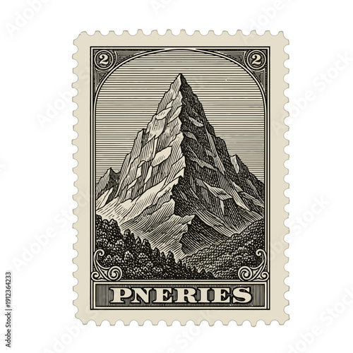 Vintage Postage Stamp Illustration of a Majestic Mountain Peak