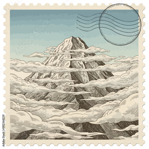 Vintage postage stamp showing majestic snow-capped mountain peak emerging from clouds