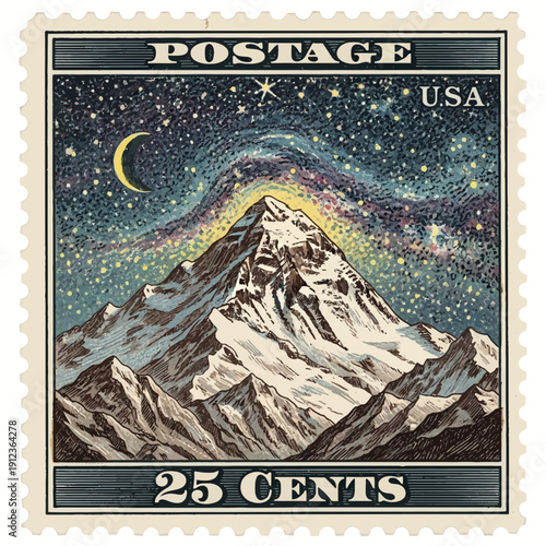 Vintage postage stamp showing mountain peak under starry night sky with crescent moon