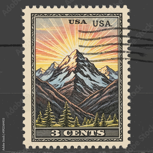 Vintage USA postage stamp illustration of a majestic mountain sunrise