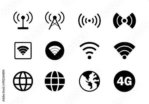 Minimal tech icon bundle showing different internet signal strengths, antenna waves, and audio waveform shapes, simple black vector graphics on plain white background.