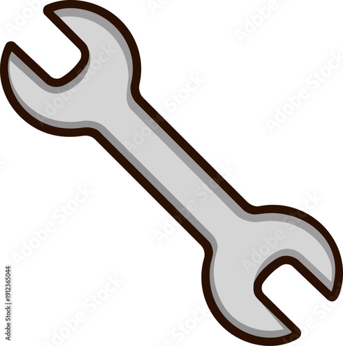 A cartoon-style illustration of a silver wrench, isolated on a white background. The wrench has a simple design with rounded edges 