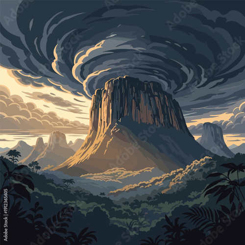 Volcano Erupting with Dark Swirling Clouds.