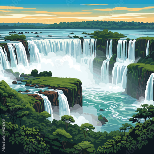 Waterfall Landscape with Lush Greenery and River.