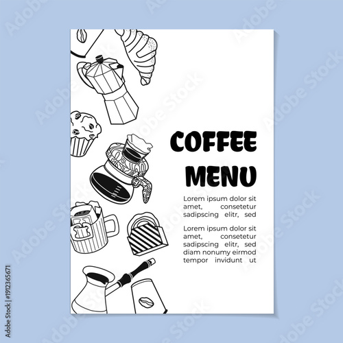 Black and white poster with line art illustrations of different coffee brewing methods. Minimalist coffee guide showing popular preparation techniques for cafe decor, kitchen prints and coffee lovers.